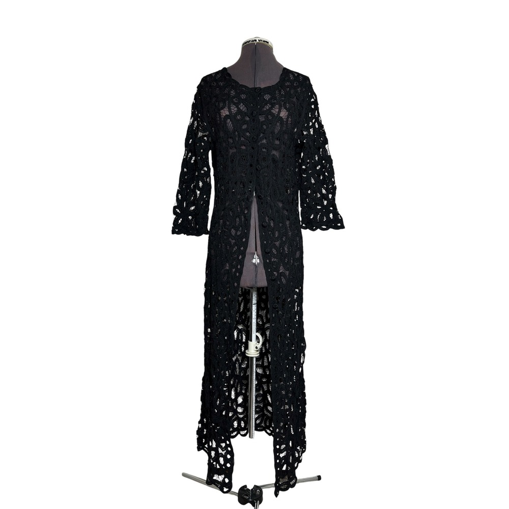 SOPHIE CHANG STUDIO Black Lace Buttoned 3/4 Sleeve Side Splits Maxi Y2K Duster M